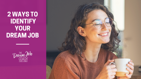 Woman smiling and dreaming about her dream job. She's holding a warm drink.