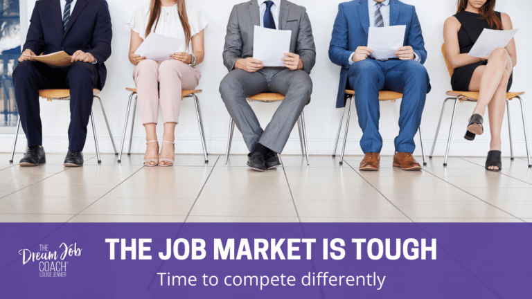 Five job candidates waiting to be interviewed. Text: (UK) Job Market is Tough. Time to compete differently.